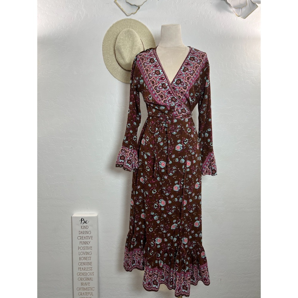 AURA wrap maxi sun dress brown floral peasant hippie boho prairie cottage core